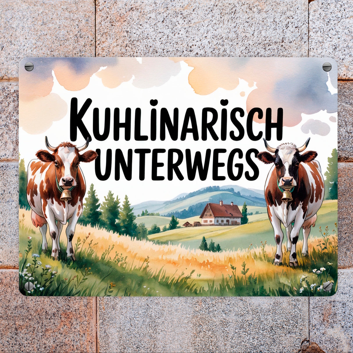 Kühe auf der Alm Kuhlinarisch Unterwegs Metallschild in 15x20 cm Aquarell
