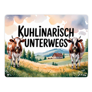 Kühe auf der Alm Kuhlinarisch Unterwegs Metallschild in 15x20 cm Aquarell
