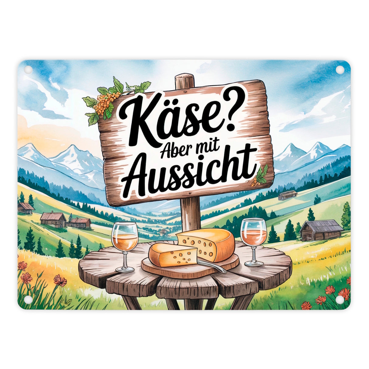 Käse mit Aussicht Berglandschaft Metallschild in 15x20 cm mit Käse und Wein