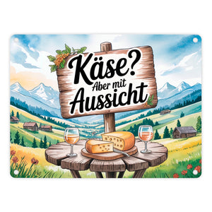Käse mit Aussicht Berglandschaft Metallschild in 15x20 cm mit Käse und Wein