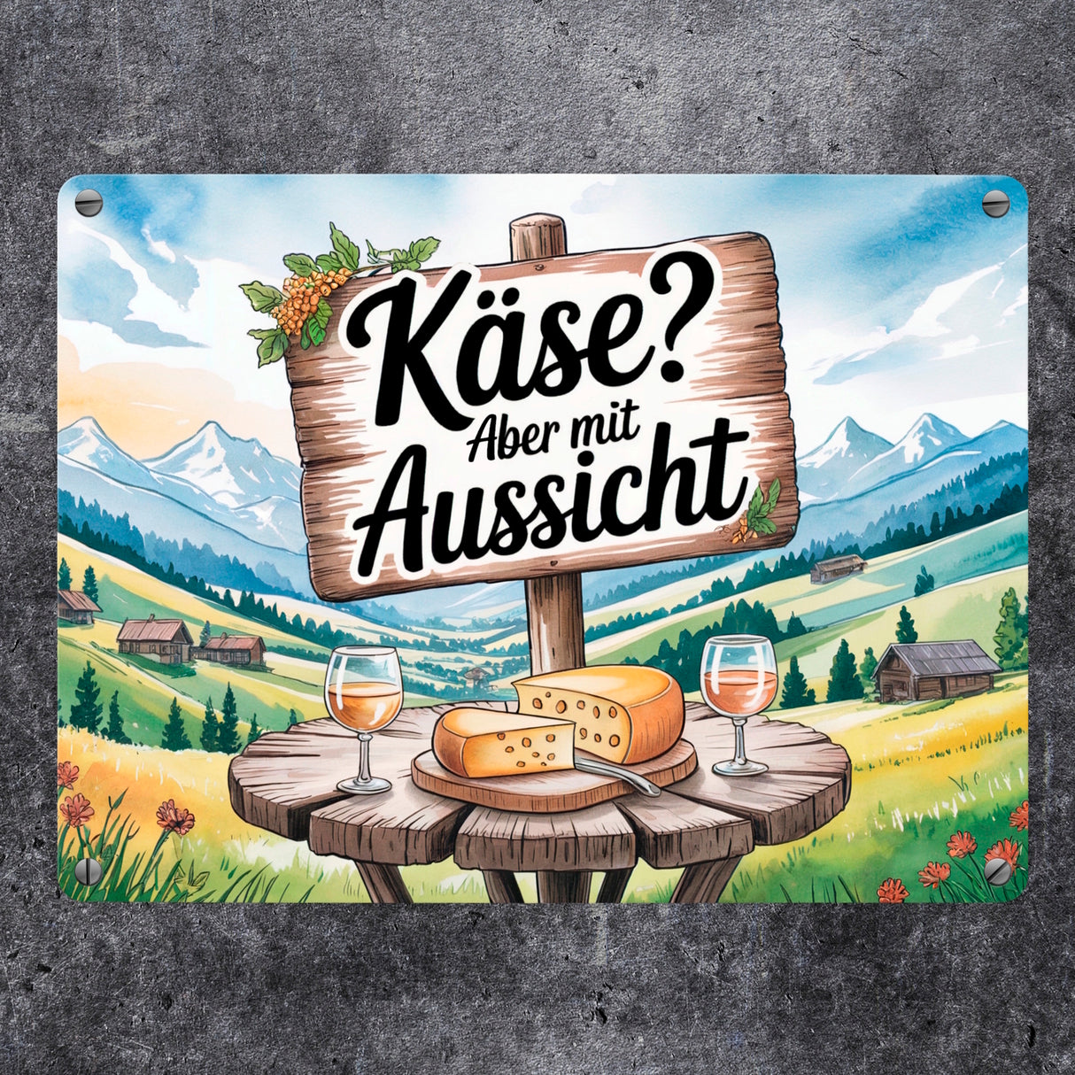 Käse mit Aussicht Berglandschaft Metallschild in 15x20 cm mit Käse und Wein