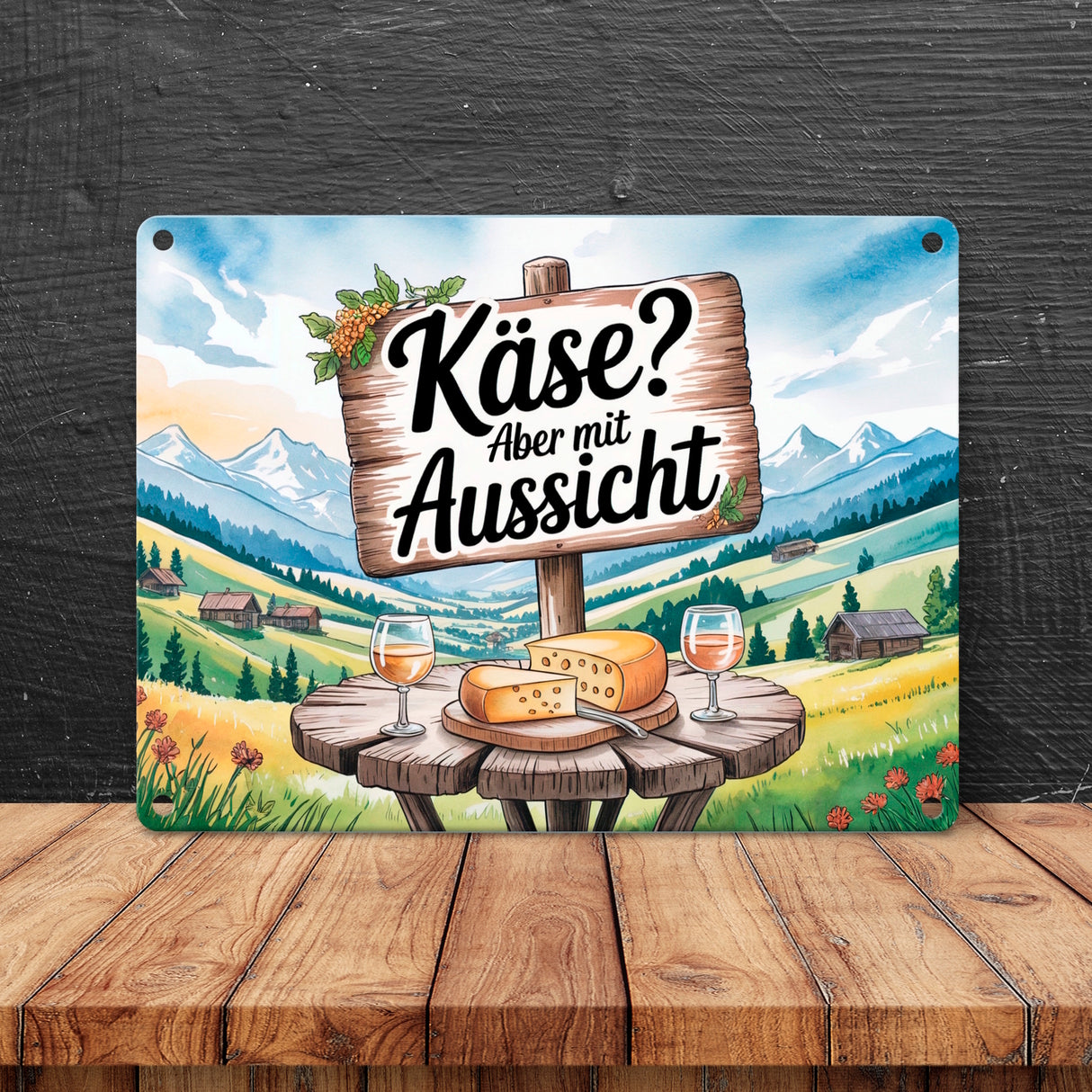 Käse mit Aussicht Berglandschaft Metallschild in 15x20 cm mit Käse und Wein