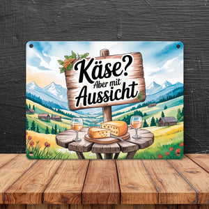 Käse mit Aussicht Berglandschaft Metallschild in 15x20 cm mit Käse und Wein