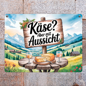 Käse mit Aussicht Berglandschaft Metallschild in 15x20 cm mit Käse und Wein