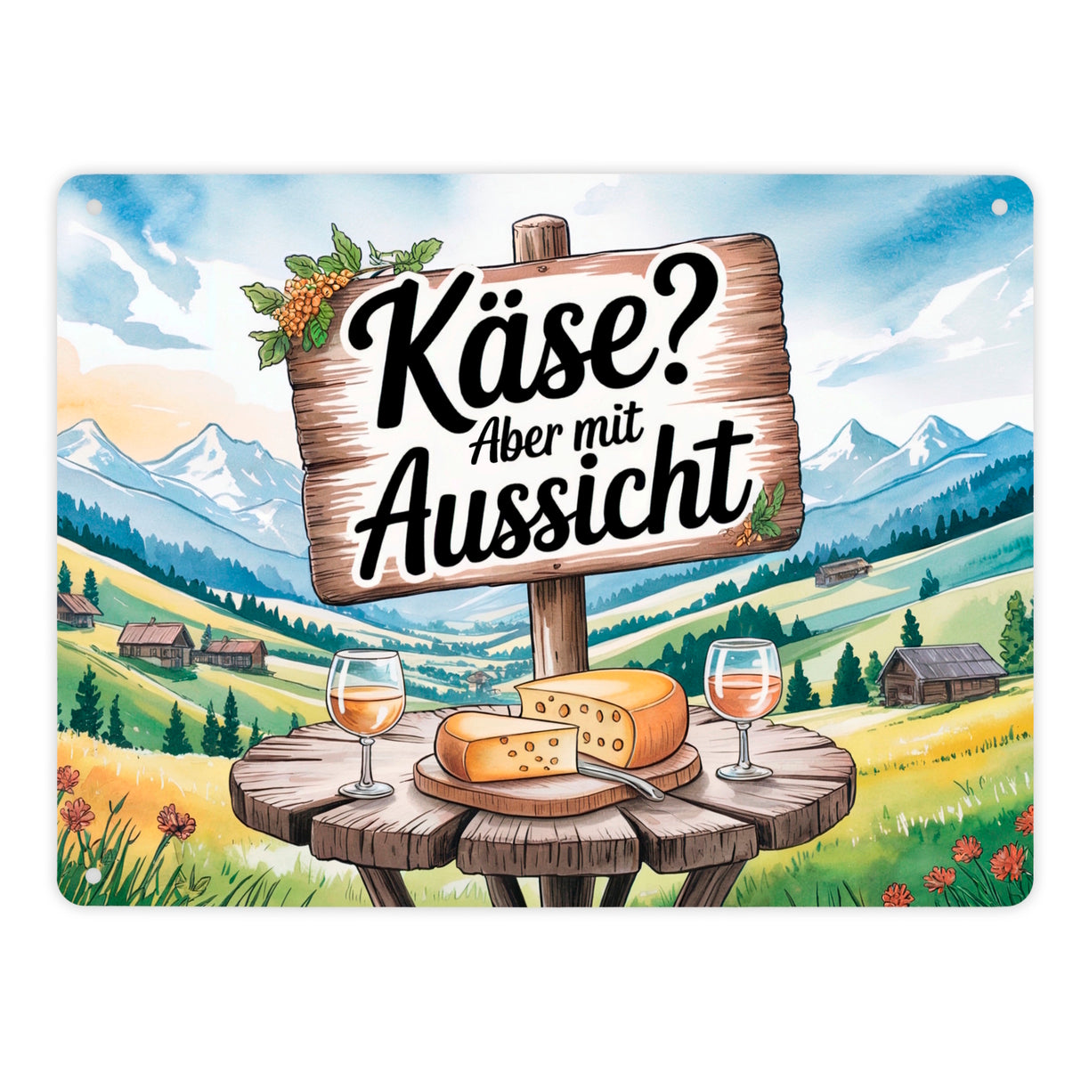 Käse mit Aussicht Berglandschaft Metallschild in 15x20 cm mit Käse und Wein