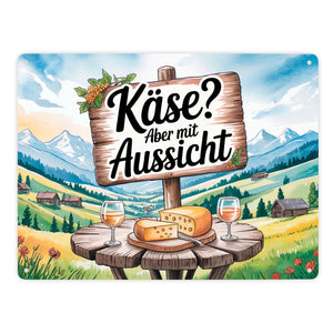 Käse mit Aussicht Berglandschaft Metallschild in 15x20 cm mit Käse und Wein