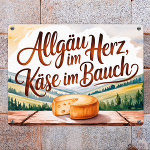 Allgäu im Herz, Käse im Bauch Metallschild in 15x20 cm
