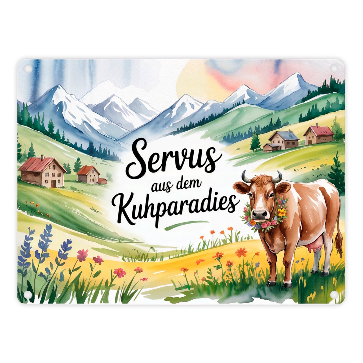 Kuh auf Alpenwiese Metallschild in 15x20 cm mit Spruch