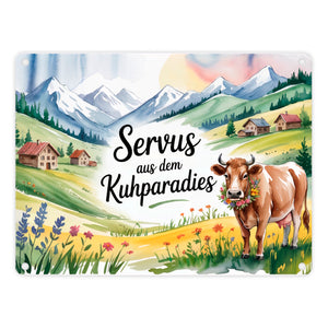 Kuh auf Alpenwiese Metallschild in 15x20 cm mit Spruch
