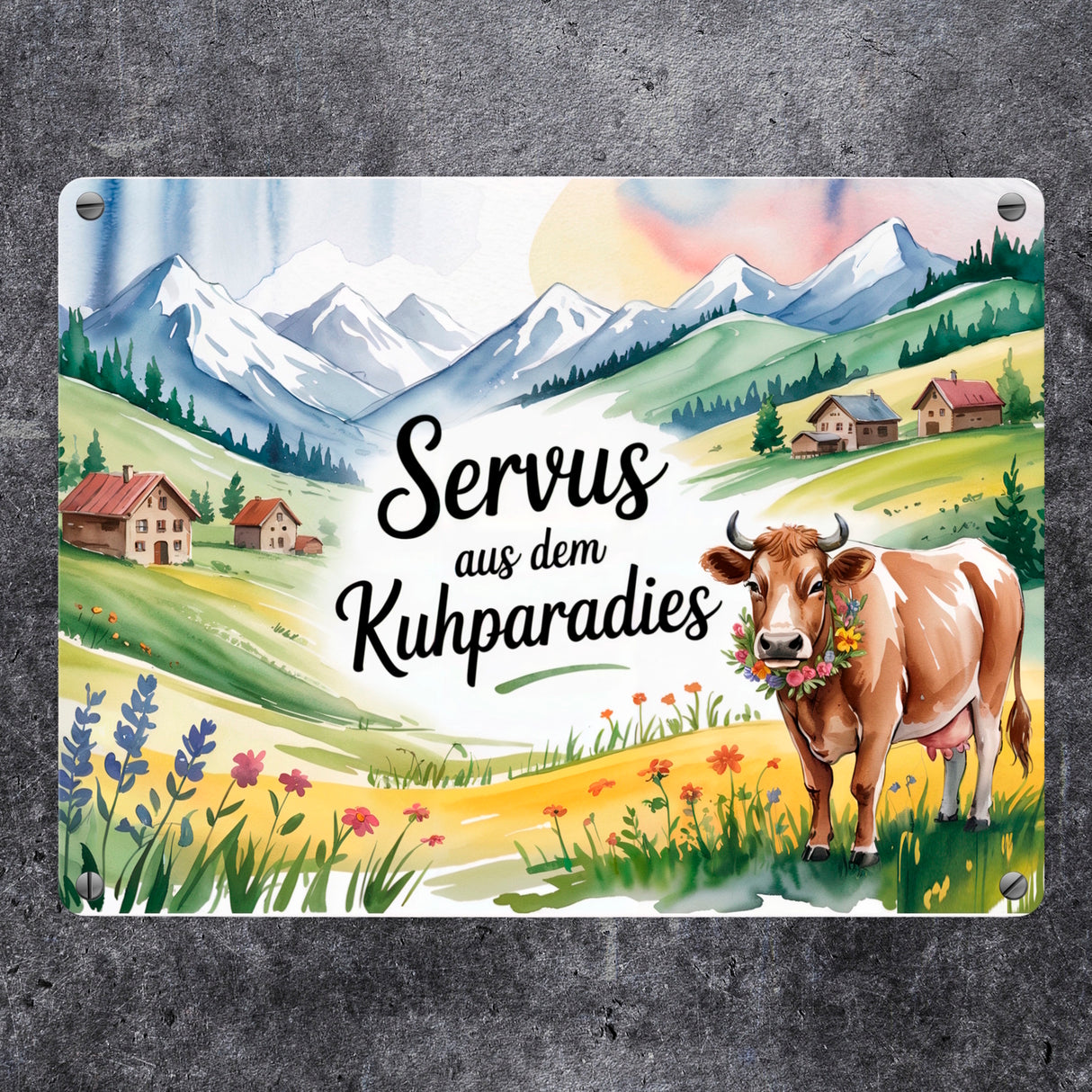 Kuh auf Alpenwiese Metallschild in 15x20 cm mit Spruch