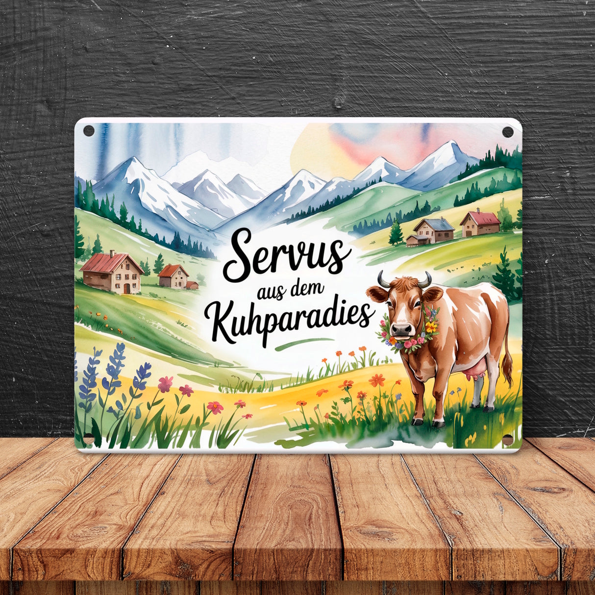Kuh auf Alpenwiese Metallschild in 15x20 cm mit Spruch