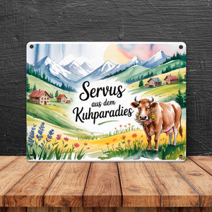 Kuh auf Alpenwiese Metallschild in 15x20 cm mit Spruch