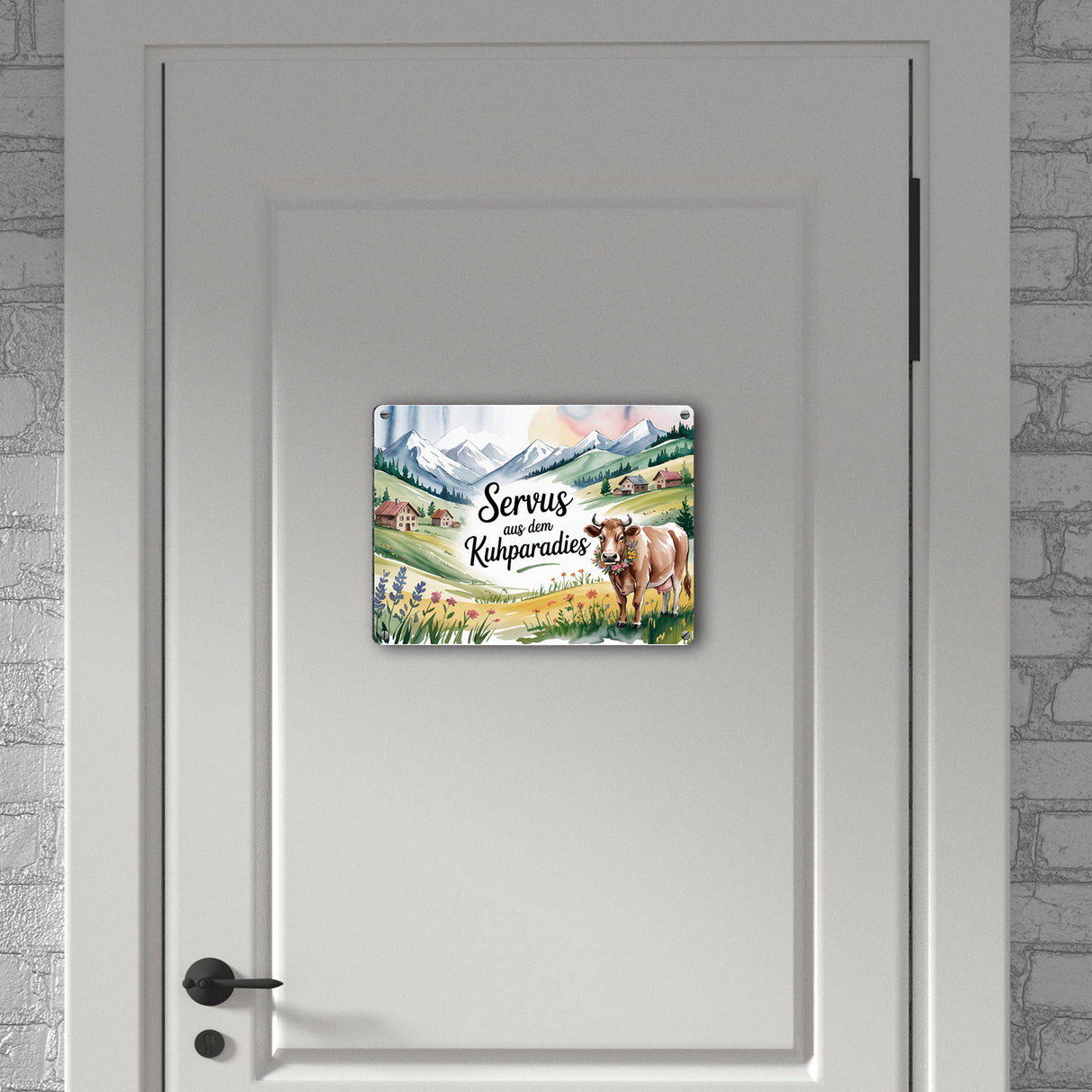 Kuh auf Alpenwiese Metallschild in 15x20 cm mit Spruch