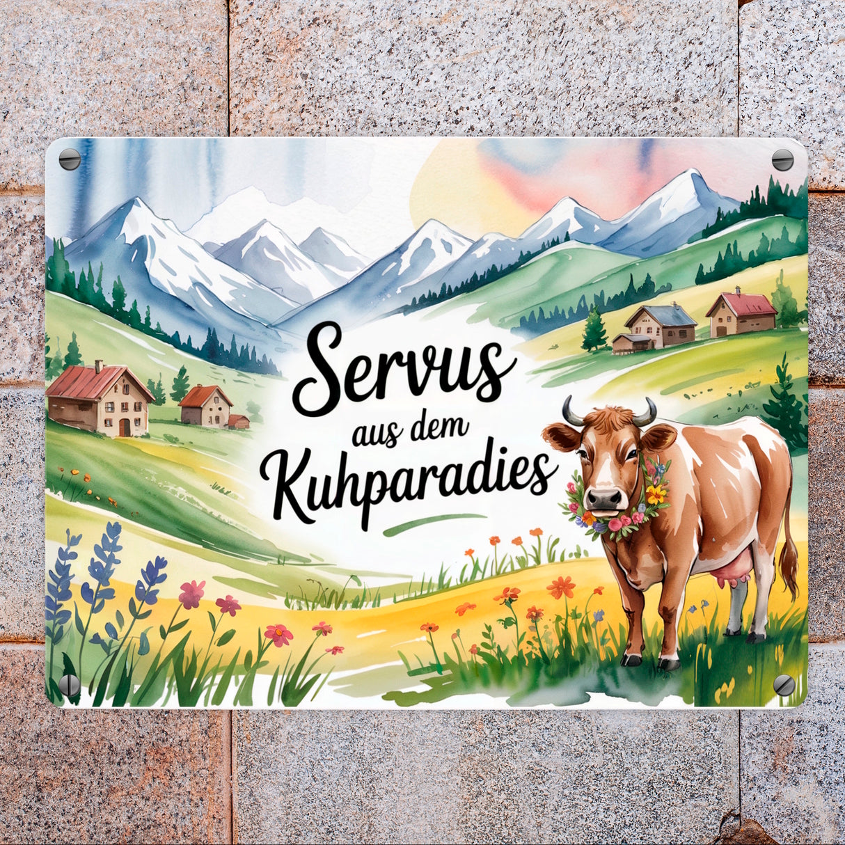 Kuh auf Alpenwiese Metallschild in 15x20 cm mit Spruch
