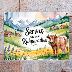 Kuh auf Alpenwiese Metallschild in 15x20 cm mit Spruch