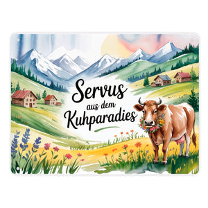 Kuh auf Alpenwiese Metallschild in 15x20 cm mit Spruch