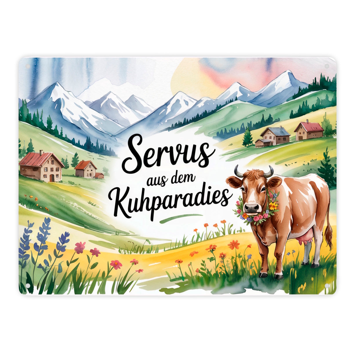 Kuh auf Alpenwiese Metallschild in 15x20 cm mit Spruch