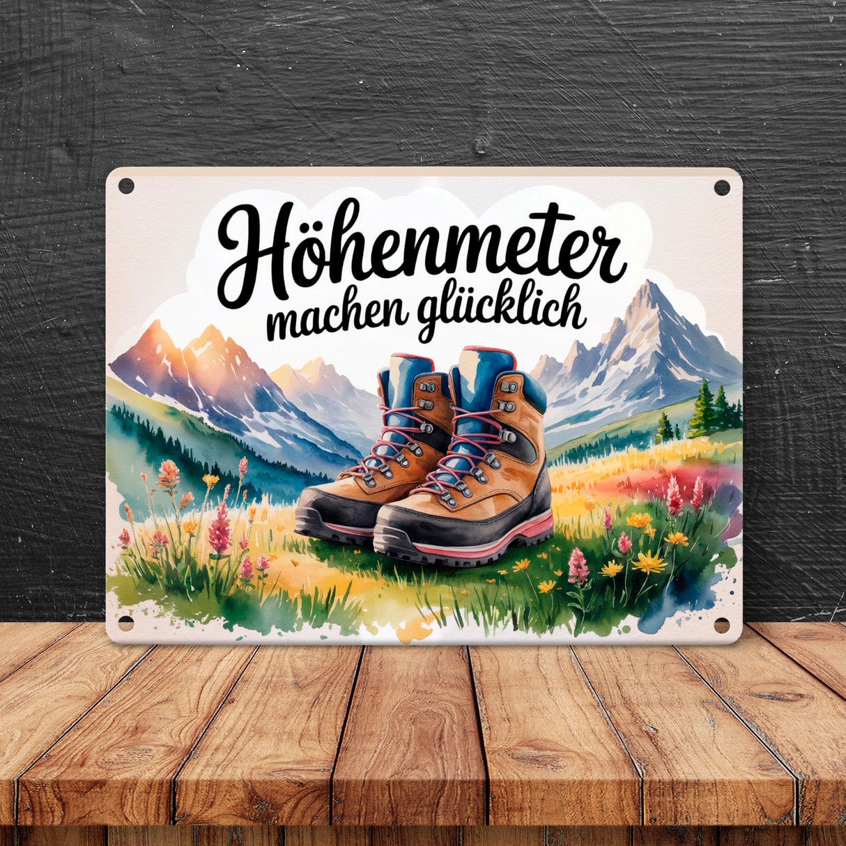Bergwanderschuhe Metallschild in 15x20 cm Höhenmeter machen glücklich