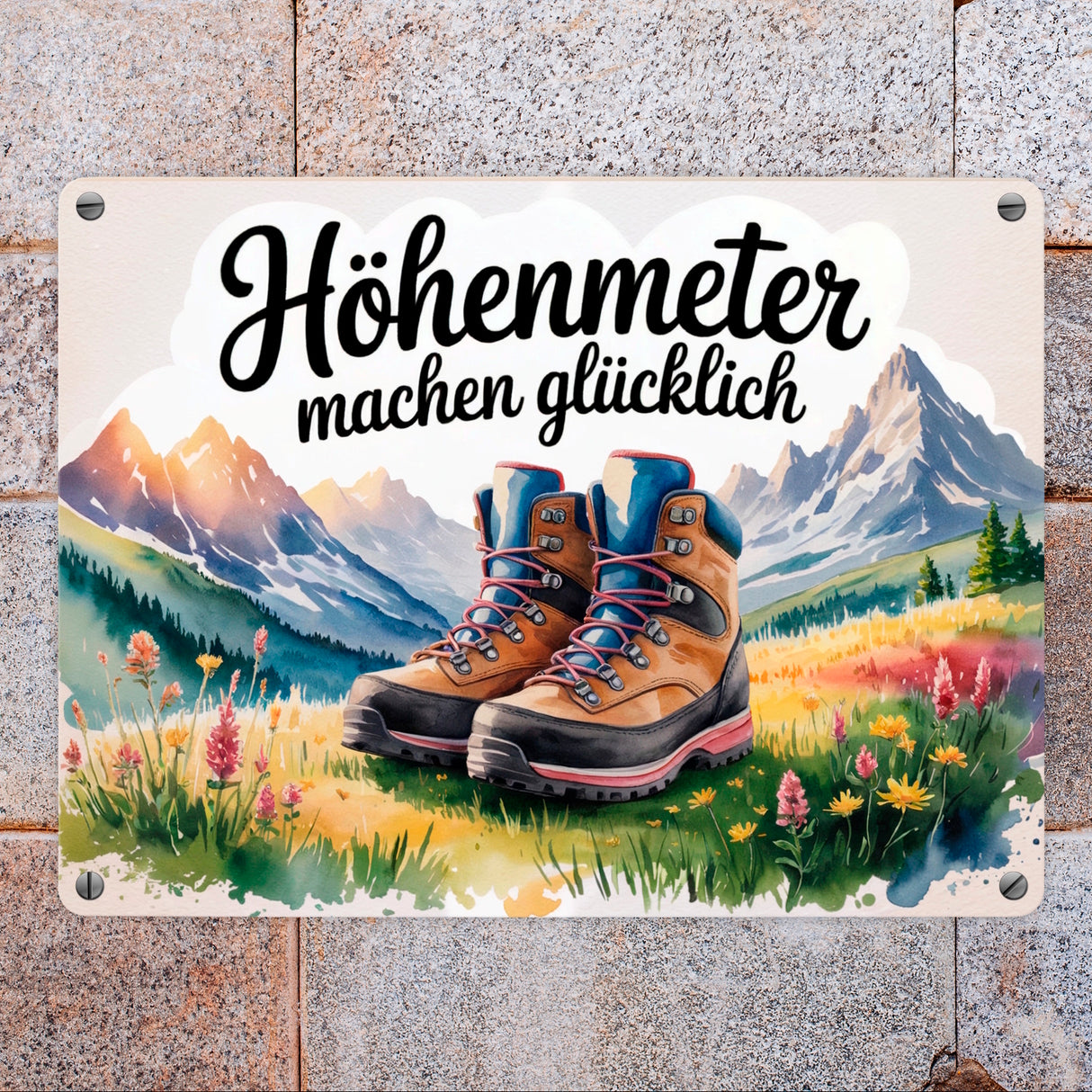 Bergwanderschuhe Metallschild in 15x20 cm Höhenmeter machen glücklich