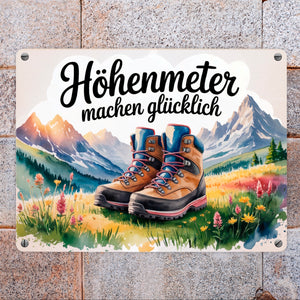 Bergwanderschuhe Metallschild in 15x20 cm Höhenmeter machen glücklich