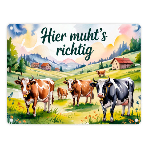 Alpenkühe Hier muht's richtig Metallschild in 15x20 cm