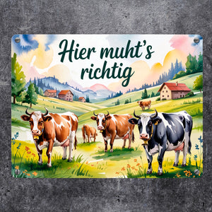 Alpenkühe Hier muht's richtig Metallschild in 15x20 cm