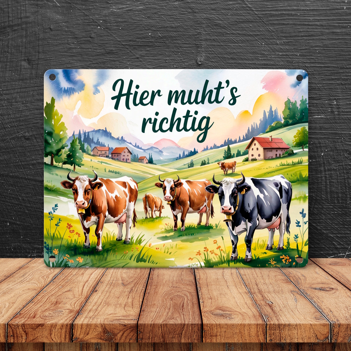 Alpenkühe Hier muht's richtig Metallschild in 15x20 cm