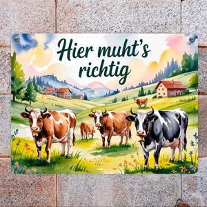 Alpenkühe Hier muht's richtig Metallschild in 15x20 cm