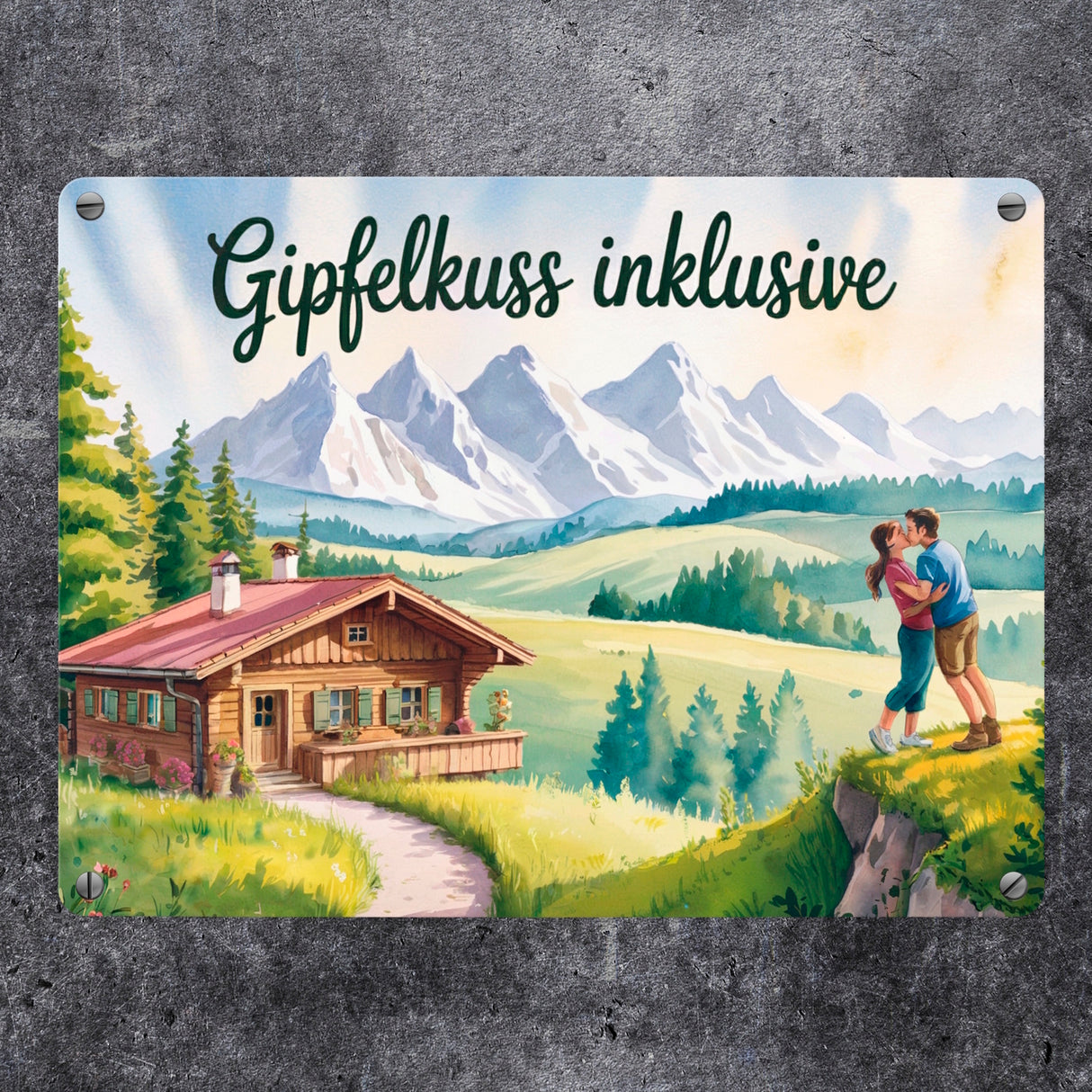 Holzchalet Gipfelkuss Metallschild in 15x20 cm Allgäu