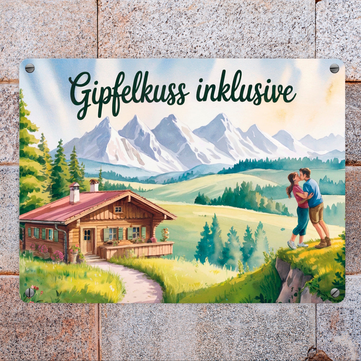 Holzchalet Gipfelkuss Metallschild in 15x20 cm Allgäu