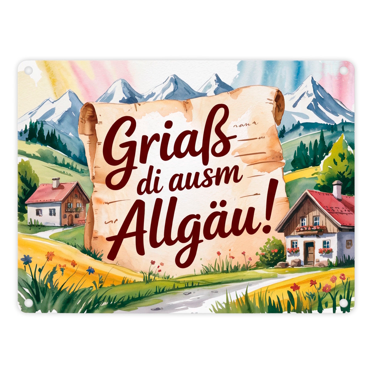 Griaß di ausm Allgäu Metallschild in 15x20 cm Allgäu Landschaft