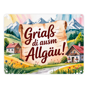Griaß di ausm Allgäu Metallschild in 15x20 cm Allgäu Landschaft