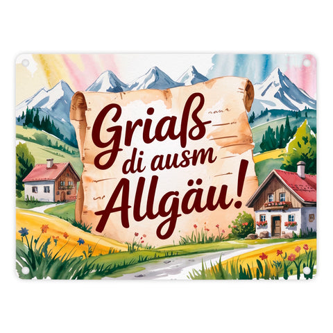 Griaß di ausm Allgäu Metallschild in 15x20 cm Allgäu Landschaft