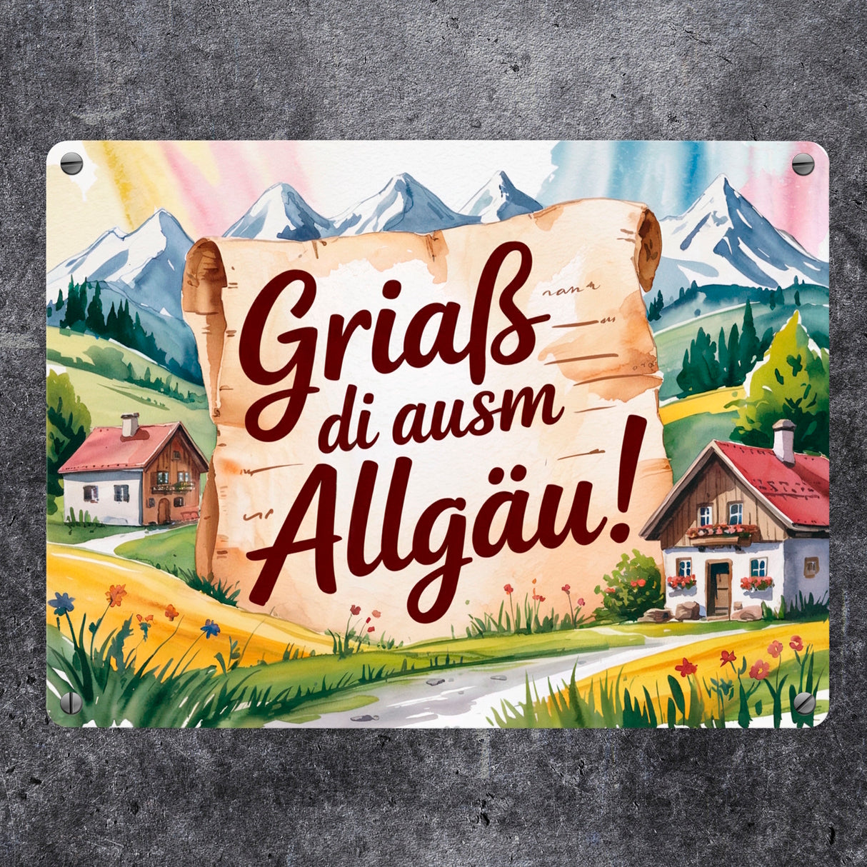 Griaß di ausm Allgäu Metallschild in 15x20 cm Allgäu Landschaft