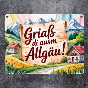 Griaß di ausm Allgäu Metallschild in 15x20 cm Allgäu Landschaft