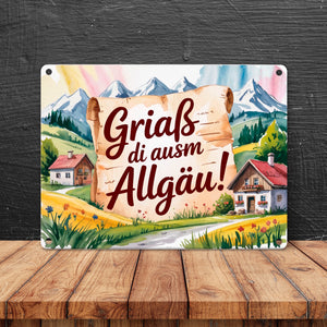 Griaß di ausm Allgäu Metallschild in 15x20 cm Allgäu Landschaft