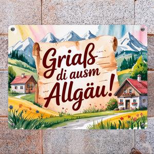 Griaß di ausm Allgäu Metallschild in 15x20 cm Allgäu Landschaft