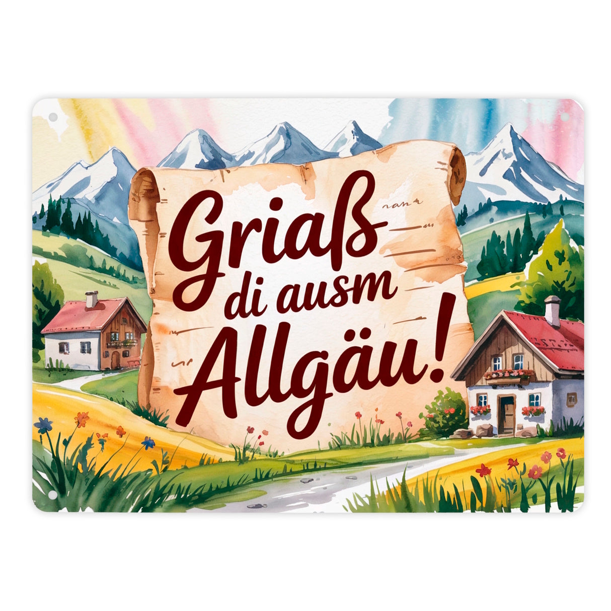 Griaß di ausm Allgäu Metallschild in 15x20 cm Allgäu Landschaft