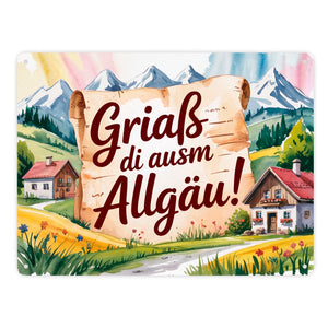 Griaß di ausm Allgäu Metallschild in 15x20 cm Allgäu Landschaft