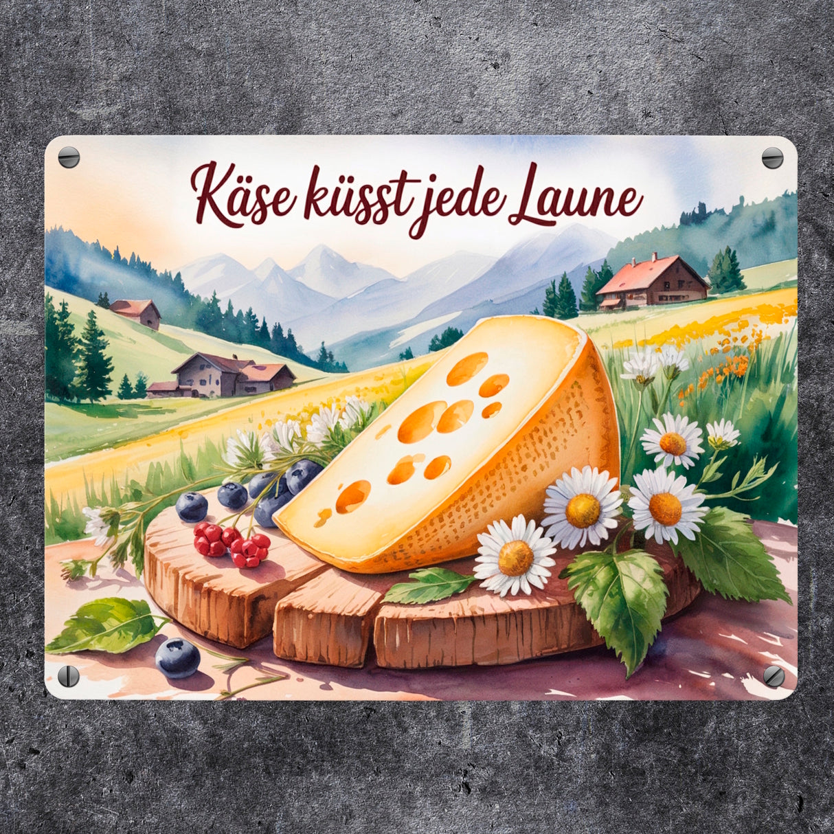 Käse küsst jede Laune Metallschild in 15x20 cm Allgäuer Käse Aquarell