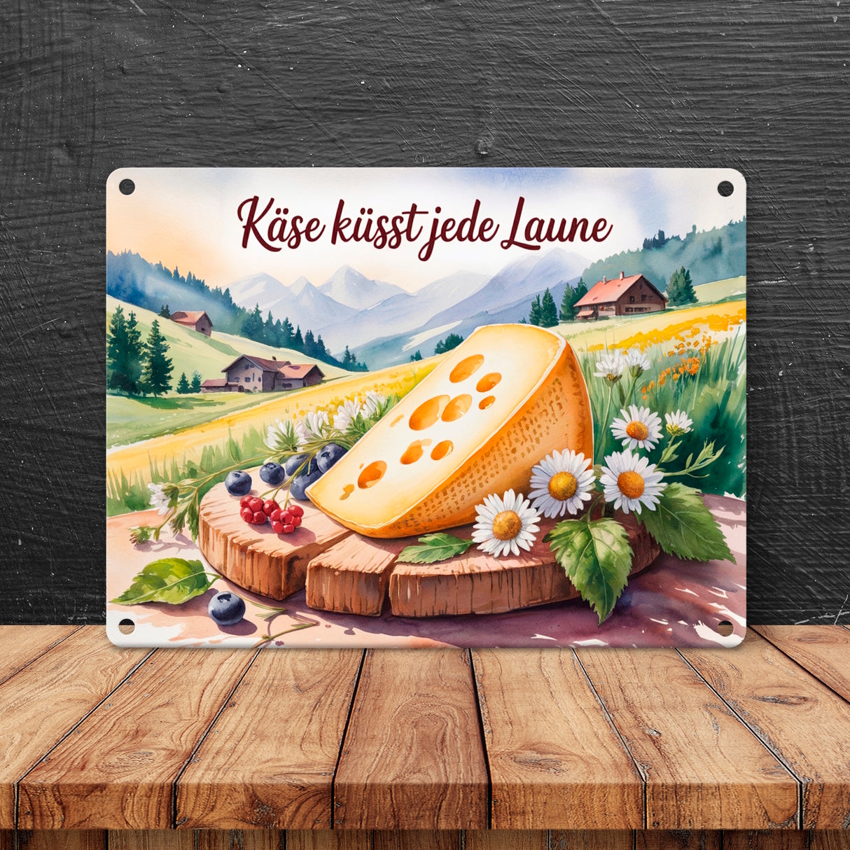 Käse küsst jede Laune Metallschild in 15x20 cm Allgäuer Käse Aquarell