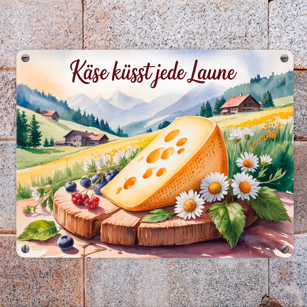Käse küsst jede Laune Metallschild in 15x20 cm Allgäuer Käse Aquarell