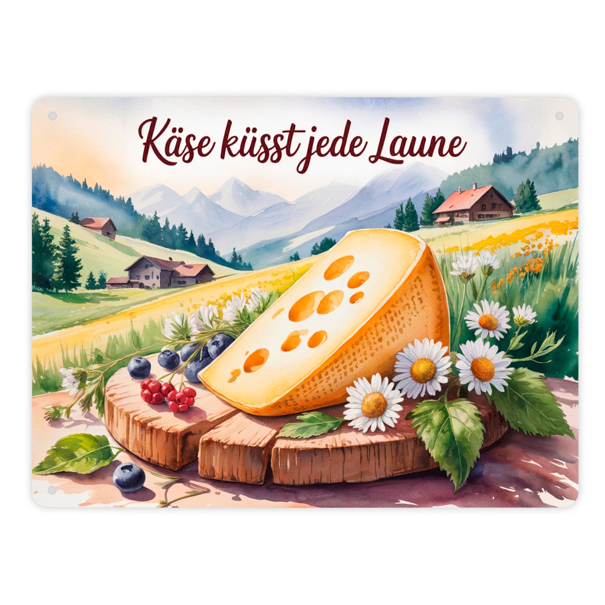 Käse küsst jede Laune Metallschild in 15x20 cm Allgäuer Käse Aquarell