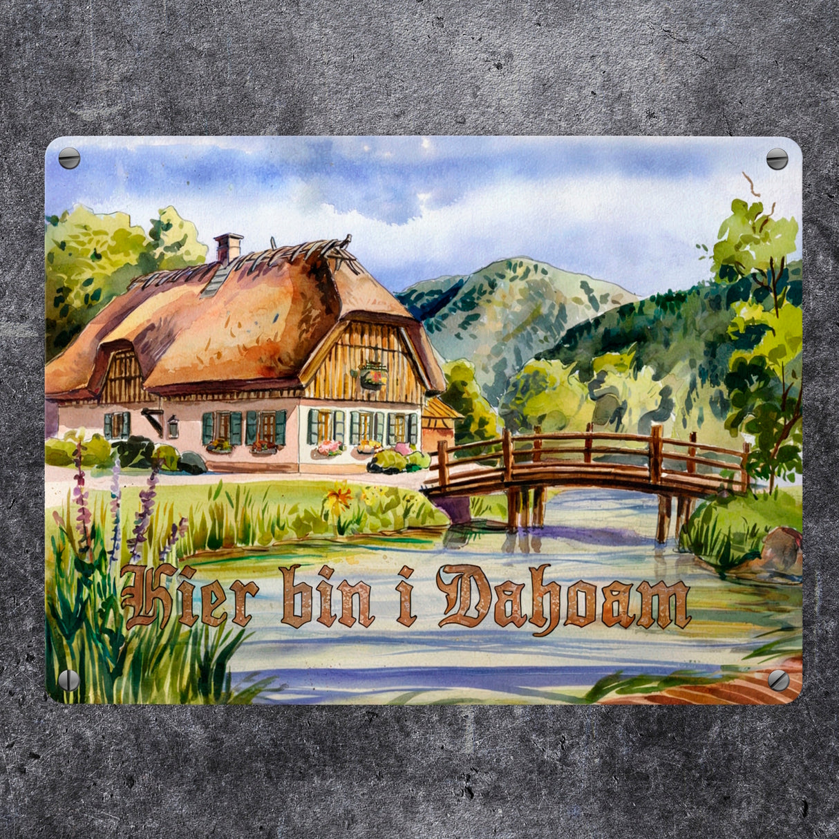 Aquarell Allgäu Landschaft Hier bin i Metallschild in 15x20 cm