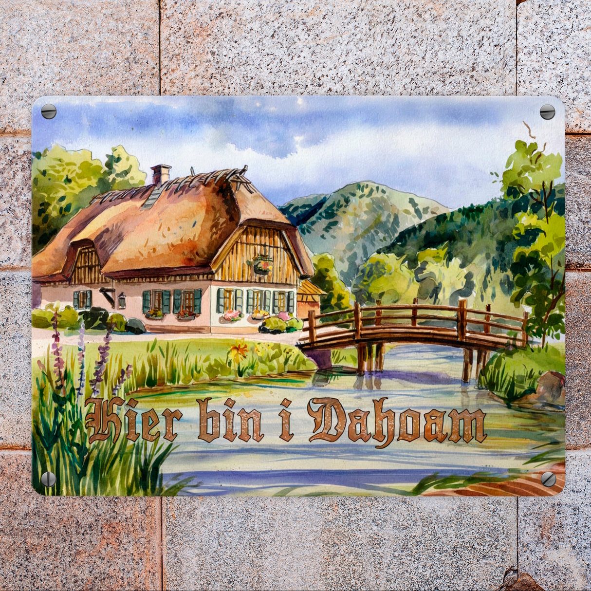 Aquarell Allgäu Landschaft Hier bin i Metallschild in 15x20 cm