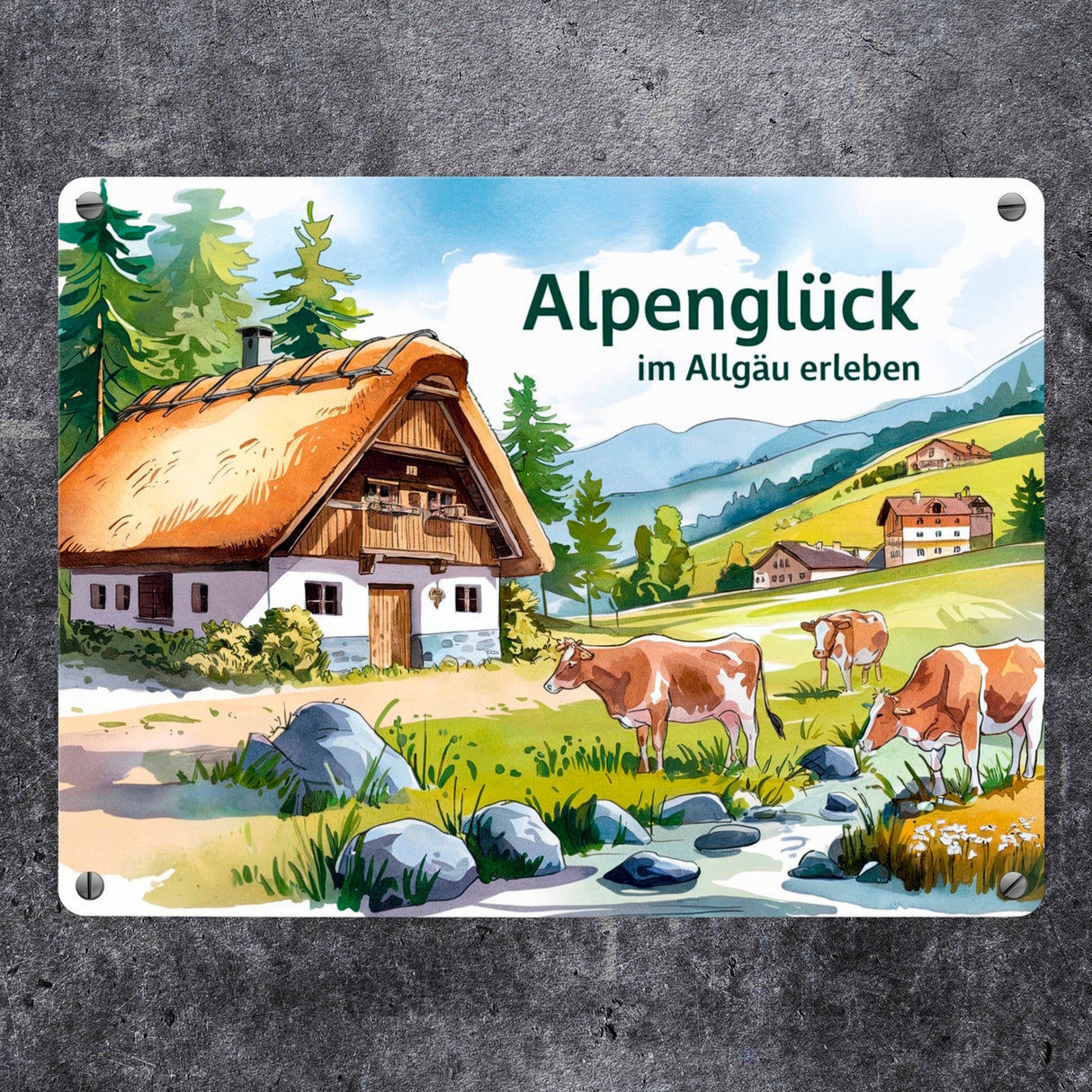 Alpenglück in den Bergen Metallschild in 15x20 cm Landhaus mit Kühen