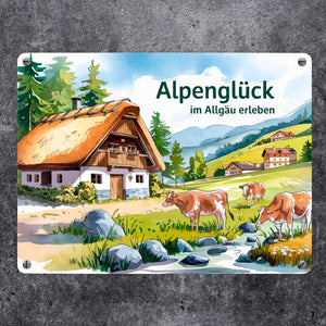 Alpenglück in den Bergen Metallschild in 15x20 cm Landhaus mit Kühen