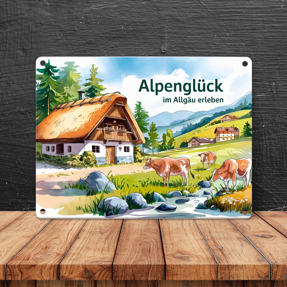 Alpenglück in den Bergen Metallschild in 15x20 cm Landhaus mit Kühen