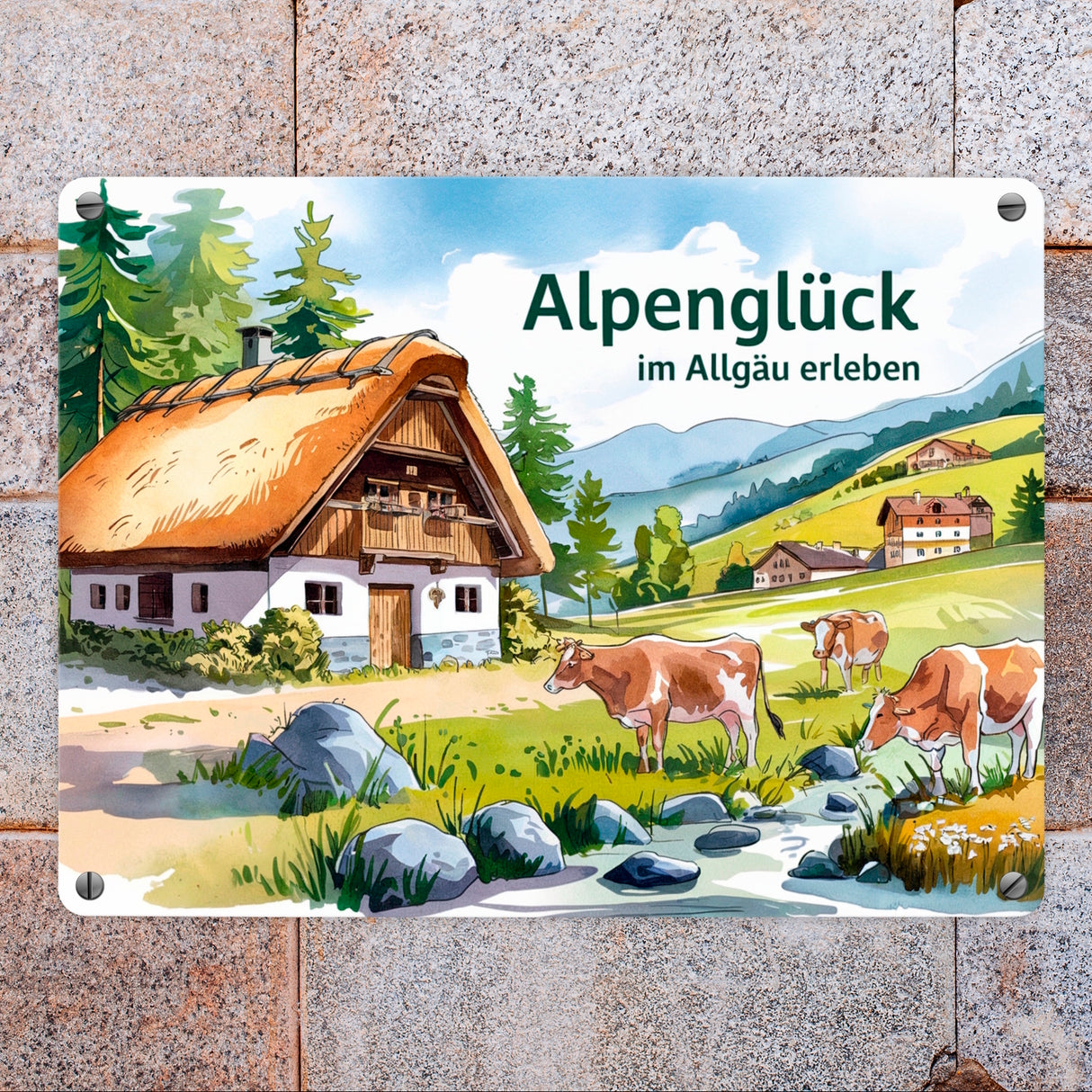 Alpenglück in den Bergen Metallschild in 15x20 cm Landhaus mit Kühen