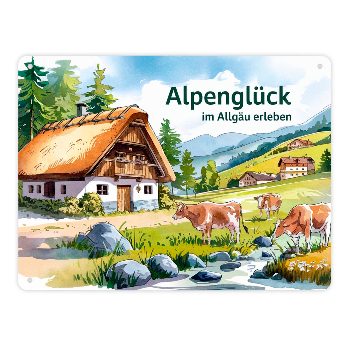 Alpenglück in den Bergen Metallschild in 15x20 cm Landhaus mit Kühen